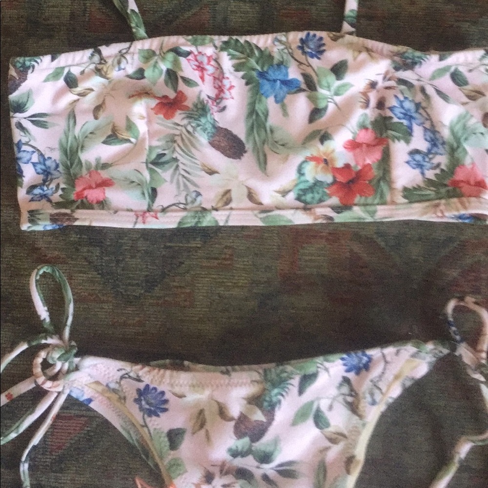 Minkpink pink floral print bandeau high cut tie bikini set XS S - Picture 10 of 11